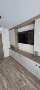 Driftwood media wall with grey gloss doors, a stylish and modern design by Roy Newton Furniture in Staffordshire.