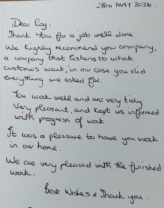 A hand written review in a thank you card.