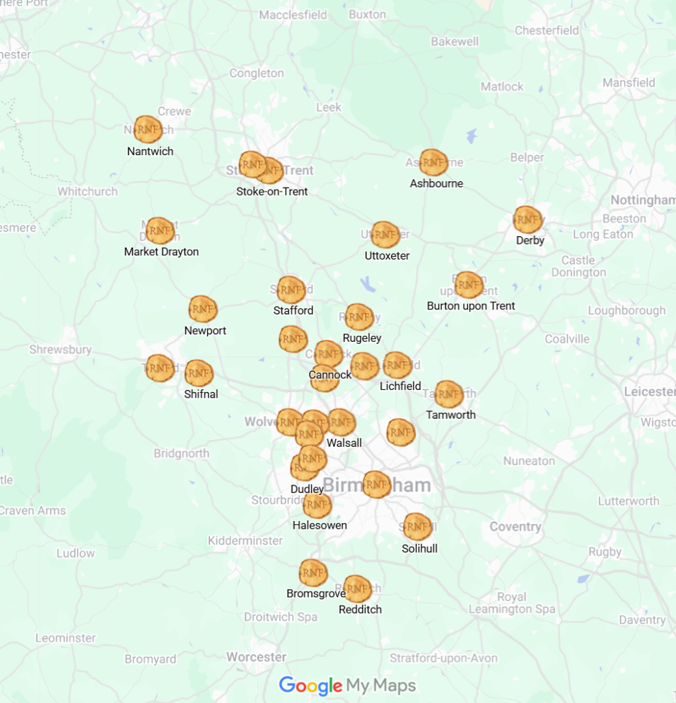 A map of the Midlands showing all the places Roy Newton furniture has fitted bespoke furniture in.