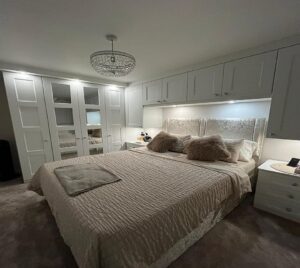 Bespoke fitted bedroom in frost white with caraway style doors.