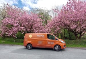Roy Newton Furniture van parked under trees covered in blossom.